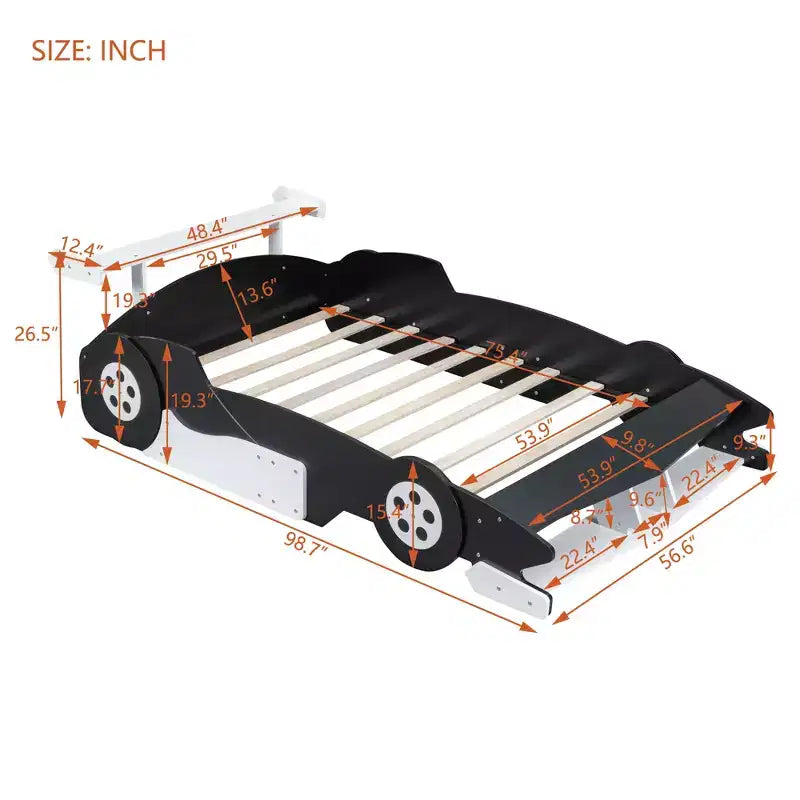 Lit plateforme Whisen Unique Design en forme de voiture de course, taille double, avec roues