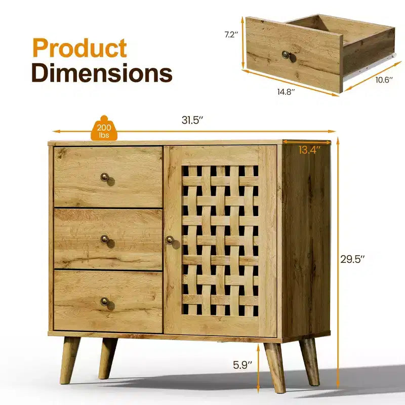 Meuble d'appoint Heynemo avec tiroirs, Meuble d'entrée avec pieds en chêne, Buffet décoratif en bois avec étagère réglable et portes, Naturel
