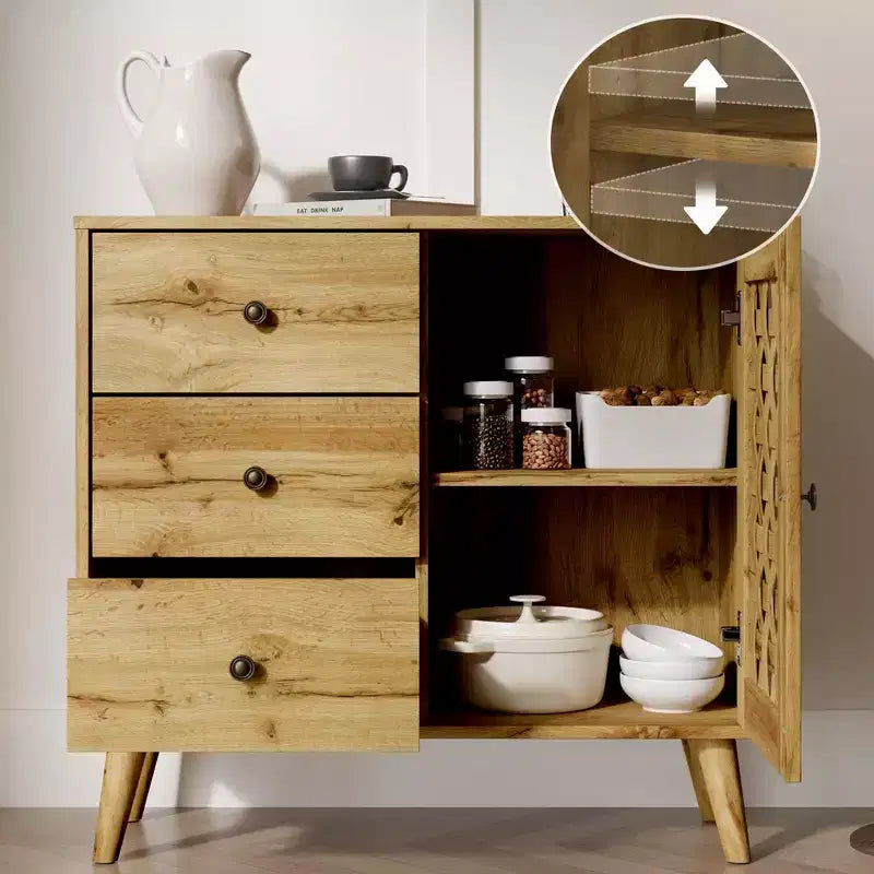 Meuble d'appoint Heynemo avec tiroirs, Meuble d'entrée avec pieds en chêne, Buffet décoratif en bois avec étagère réglable et portes, Naturel