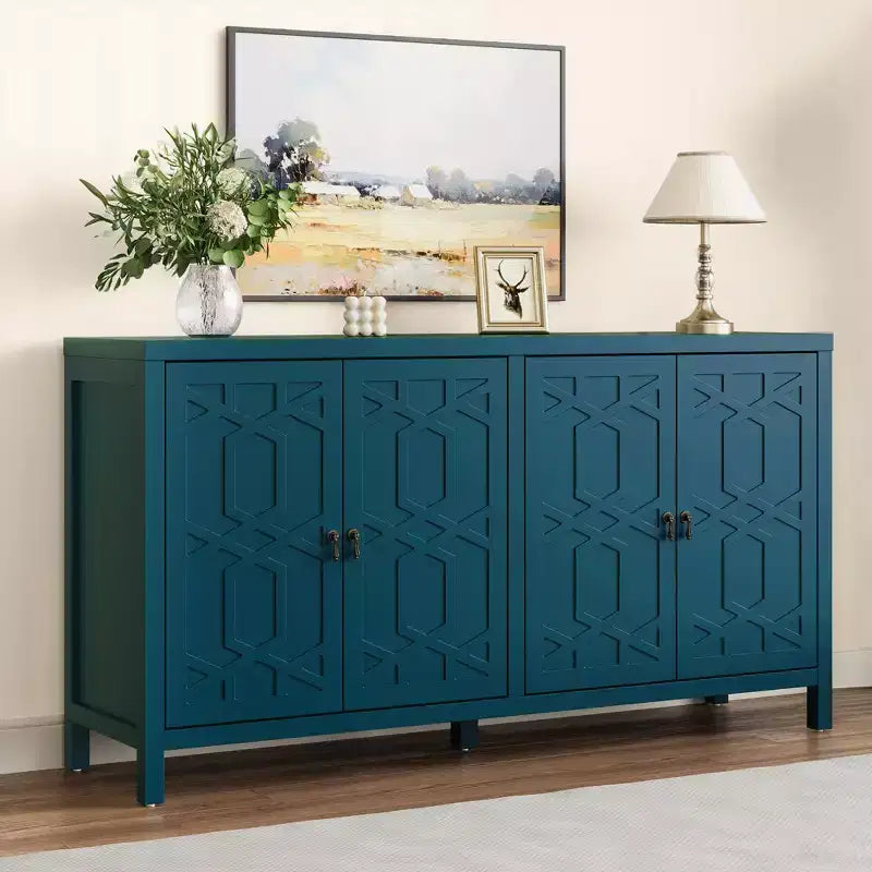 Buffet Heynemo, buffet de 152 cm de style moderne du milieu du siècle avec 4 portes et étagères réglables, buffet pour entrée, bleu turquoise
