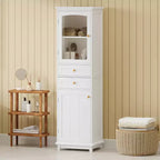 Meuble de rangement de salle de bain Whisen de 160 cm de hauteur avec portes en verre, deux tiroirs et étagères réglables