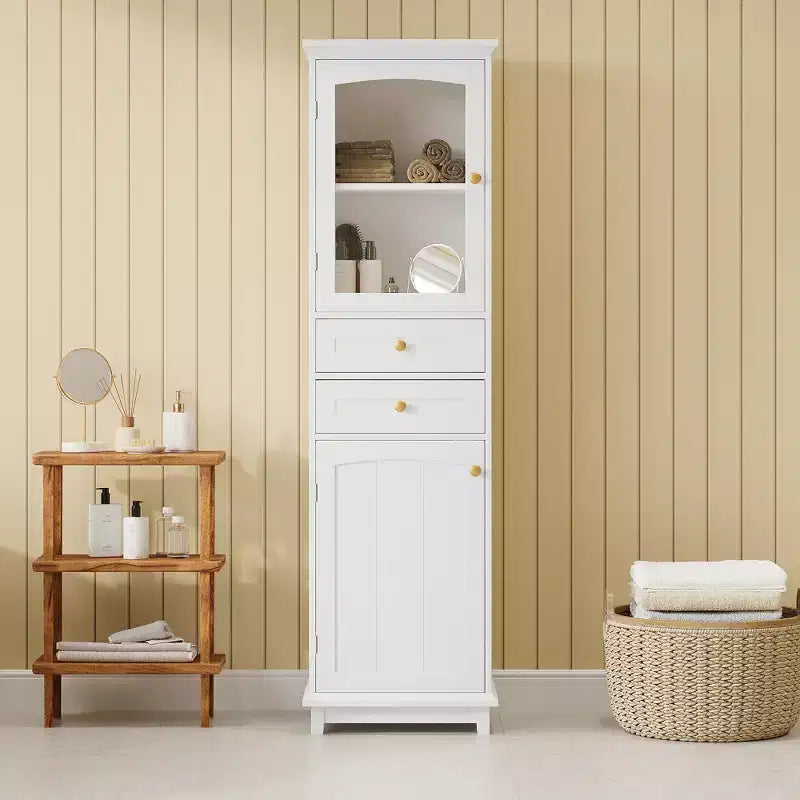 Meuble de rangement de salle de bain Whisen de 160 cm de hauteur avec portes en verre, deux tiroirs et étagères réglables
