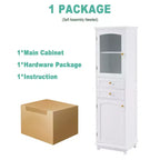 Meuble de rangement de salle de bain Whisen de 160 cm de hauteur avec portes en verre, deux tiroirs et étagères réglables