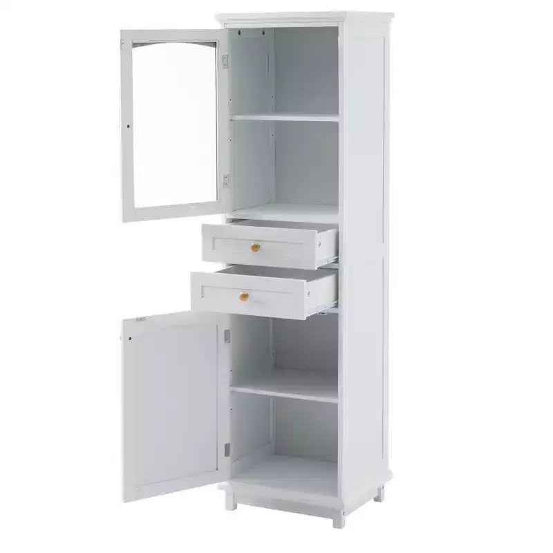 Meuble de rangement de salle de bain Whisen de 160 cm de hauteur avec portes en verre, deux tiroirs et étagères réglables