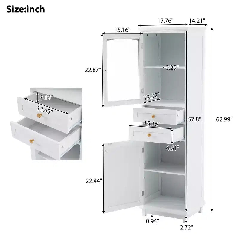 Meuble de rangement de salle de bain Whisen de 160 cm de hauteur avec portes en verre, deux tiroirs et étagères réglables