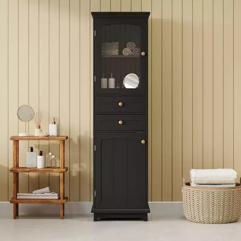 Meuble de rangement de salle de bain Whisen de 160 cm de hauteur avec portes en verre, deux tiroirs et étagères réglables