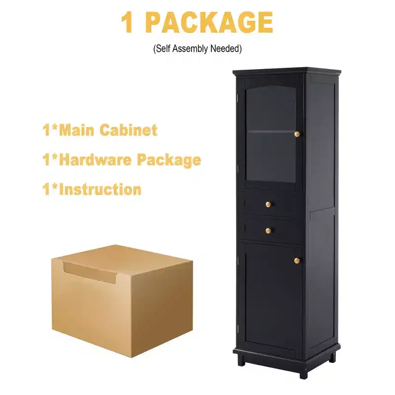 Meuble de rangement de salle de bain Whisen de 160 cm de hauteur avec portes en verre, deux tiroirs et étagères réglables