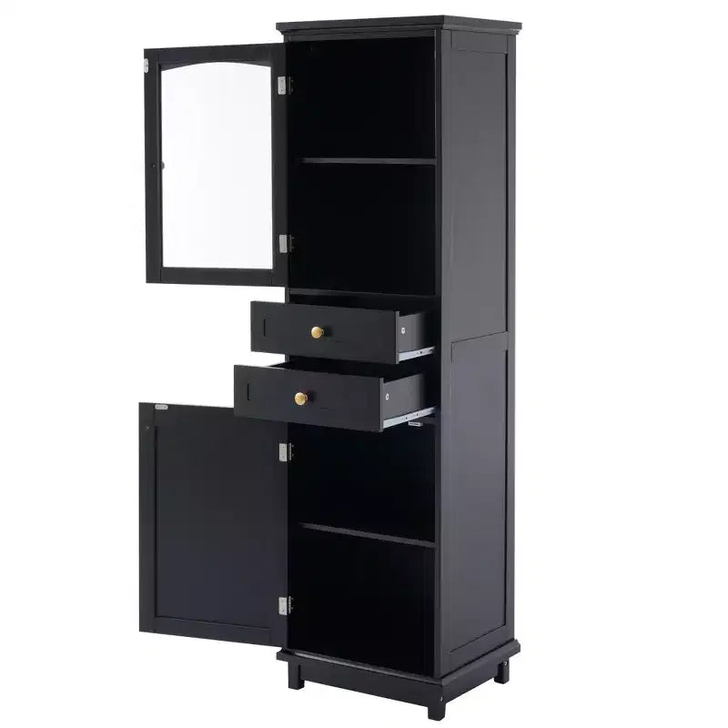 Meuble de rangement de salle de bain Whisen de 160 cm de hauteur avec portes en verre, deux tiroirs et étagères réglables