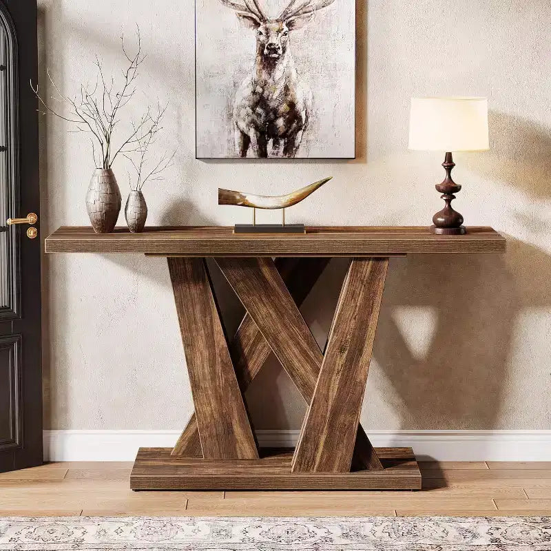 Lantine Table Console de Ferme 139,9 cm, Table Moderne Derrière Le Canapé avec Base Géométrique, Table Basse Étroite en Bois, Longue Table d'Entrée