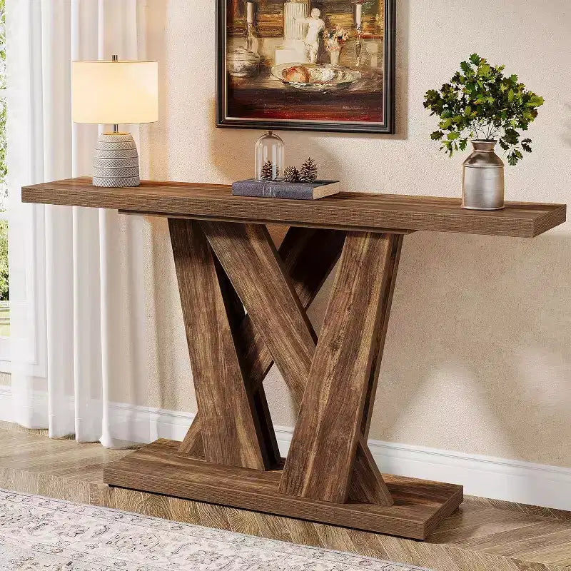 Lantine Table Console de Ferme 139,9 cm, Table Moderne Derrière Le Canapé avec Base Géométrique, Table Basse Étroite en Bois, Longue Table d'Entrée