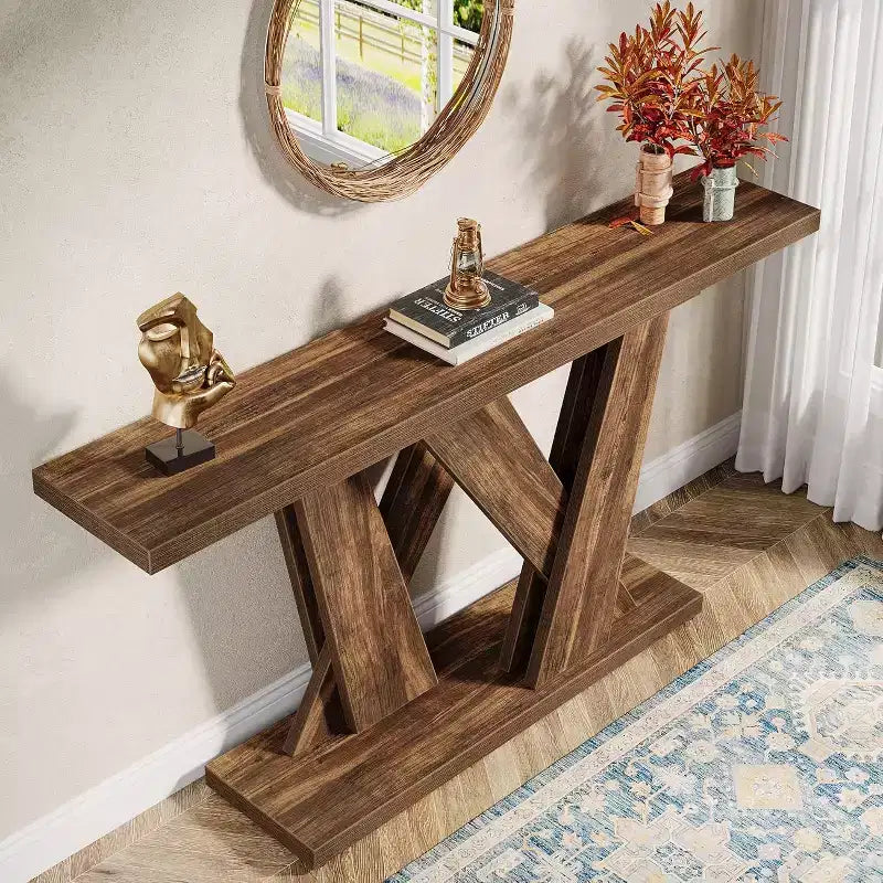 Lantine Table Console de Ferme 139,9 cm, Table Moderne Derrière Le Canapé avec Base Géométrique, Table Basse Étroite en Bois, Longue Table d'Entrée