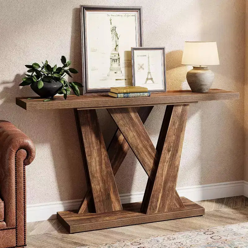 Lantine Table Console de Ferme 139,9 cm, Table Moderne Derrière Le Canapé avec Base Géométrique, Table Basse Étroite en Bois, Longue Table d'Entrée