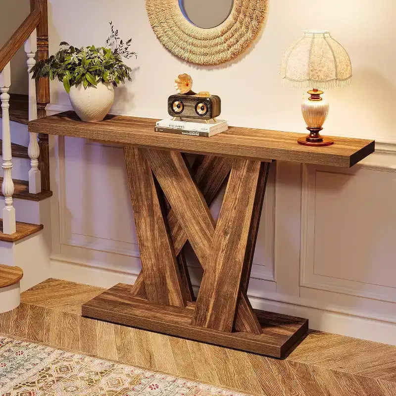 Lantine Table Console de Ferme 139,9 cm, Table Moderne Derrière Le Canapé avec Base Géométrique, Table Basse Étroite en Bois, Longue Table d'Entrée