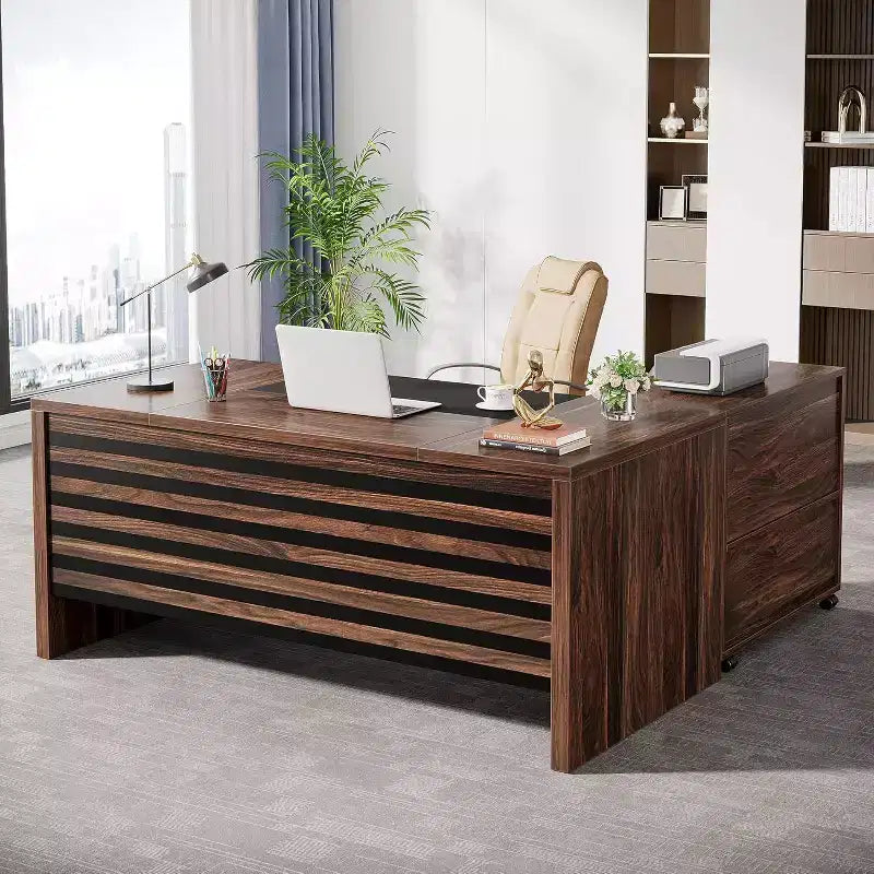 Lantine 62.2 Grand Bureau de Direction avec Classeur Mobile, Bureau d'Angle avec Étagères de Rangement