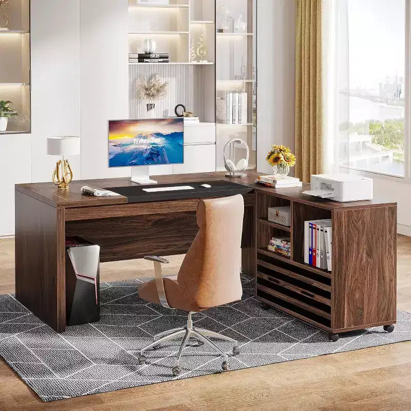 Lantine 62.2 Grand Bureau de Direction avec Classeur Mobile, Bureau d'Angle avec Étagères de Rangement