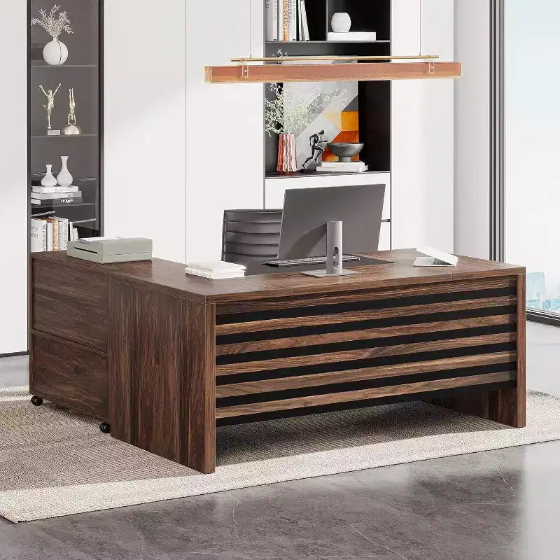 Lantine 62.2 Grand Bureau de Direction avec Classeur Mobile, Bureau d'Angle avec Étagères de Rangement