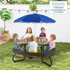 Table de pique-nique pour enfants Costway avec parasol réglable et pliable Bleu/Blanc/Marron