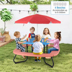 Table de pique-nique pour enfants Costway avec parasol réglable et pliable Bleu/Blanc/Marron