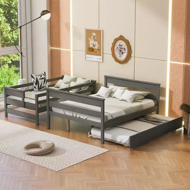 Lit superposé Whisen Wood Twin sur Full avec lit gigogne double
