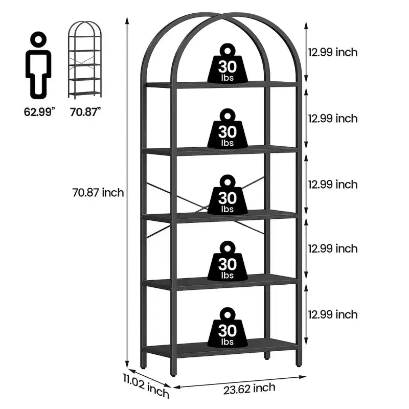 Bibliothèque Garvee à 5 niveaux - Étagère à cadre métallique arqué, grande étagère pour chambre à coucher, salon et bureau à domicile