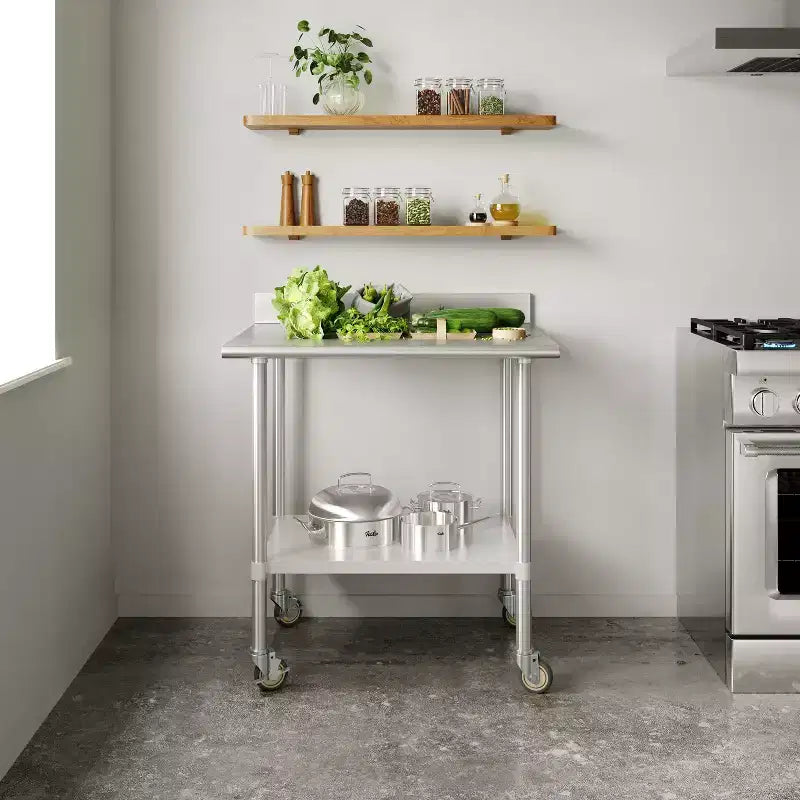 Table de préparation et de travail Flash Furniture Reese 30 x 36 avec étagère supérieure en acier inoxydable, dosseret de 4, étagère inférieure réglable en acier galvanisé, 4 roulettes