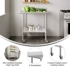 Table de préparation et de travail Flash Furniture Reese 30 x 36 avec étagère supérieure en acier inoxydable, dosseret de 4, étagère inférieure réglable en acier galvanisé, 4 roulettes