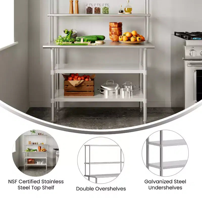 Table de préparation et de travail portable Flash Furniture Rawcliffe avec étagère supérieure en acier inoxydable de calibre 18 et double étagère supérieure, 2 étagères inférieures en acier galvanisé