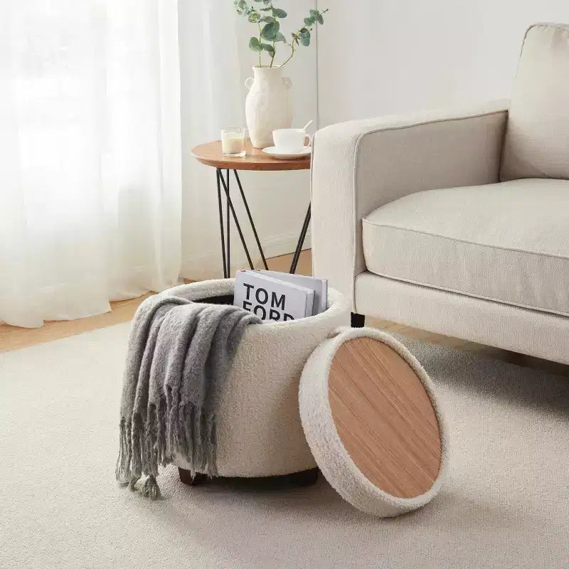 Ornavo Home Lawrence Ottoman de rangement rond en boucle blanche avec couvercle de table