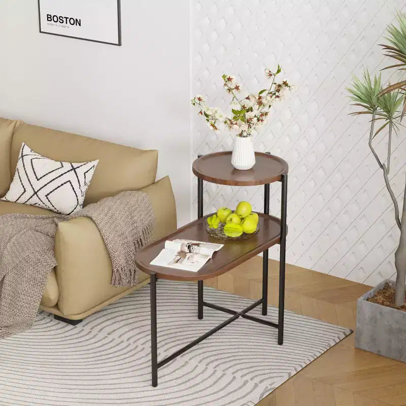 Chic Crate - Table de chevet gain de place marron noyer pour salon - Table d'appoint de canapé moderne à 2 niveaux avec étagère de rangement en bois