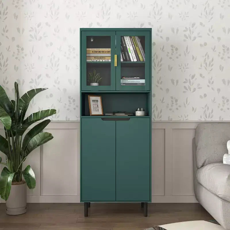 Bibliothèque haute avec portes en verre trempé, planches réglables, 4 portes en MDF laqué, Blanc, Rangement salon et chambre