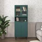 Bibliothèque haute avec portes en verre trempé, planches réglables, 4 portes en MDF laqué, Blanc, Rangement salon et chambre