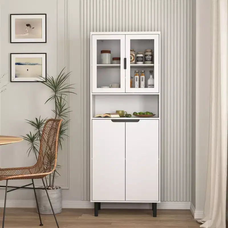 Bibliothèque haute avec portes en verre trempé, planches réglables, 4 portes en MDF laqué, Blanc, Rangement salon et chambre