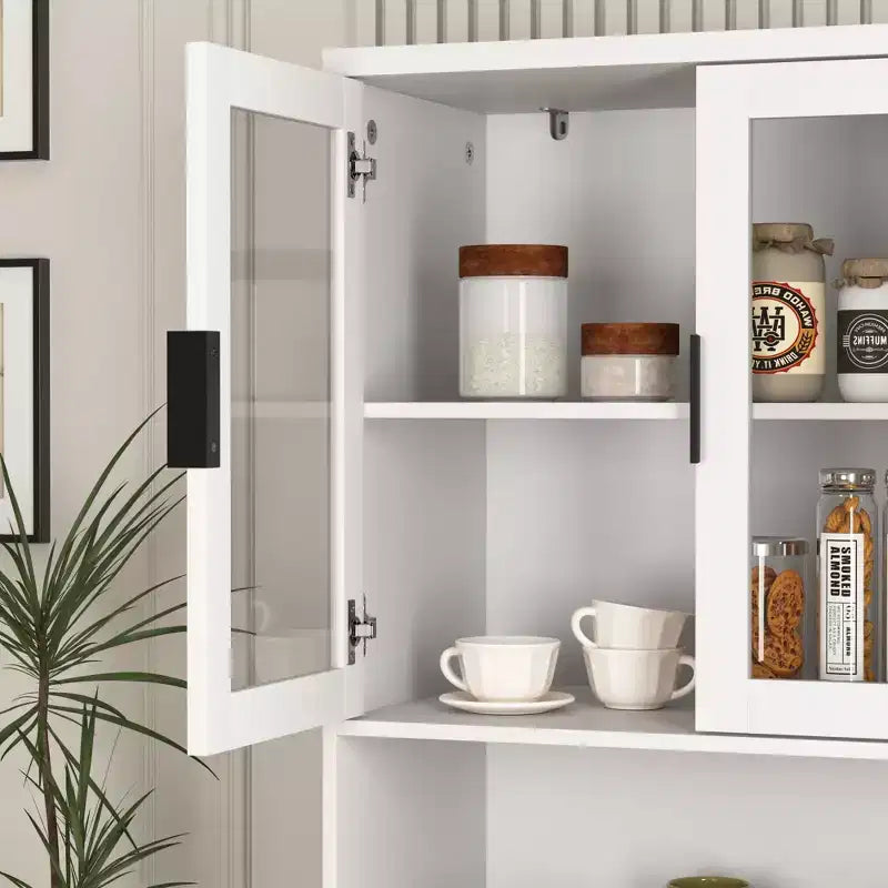 Bibliothèque haute avec portes en verre trempé, planches réglables, 4 portes en MDF laqué, Blanc, Rangement salon et chambre