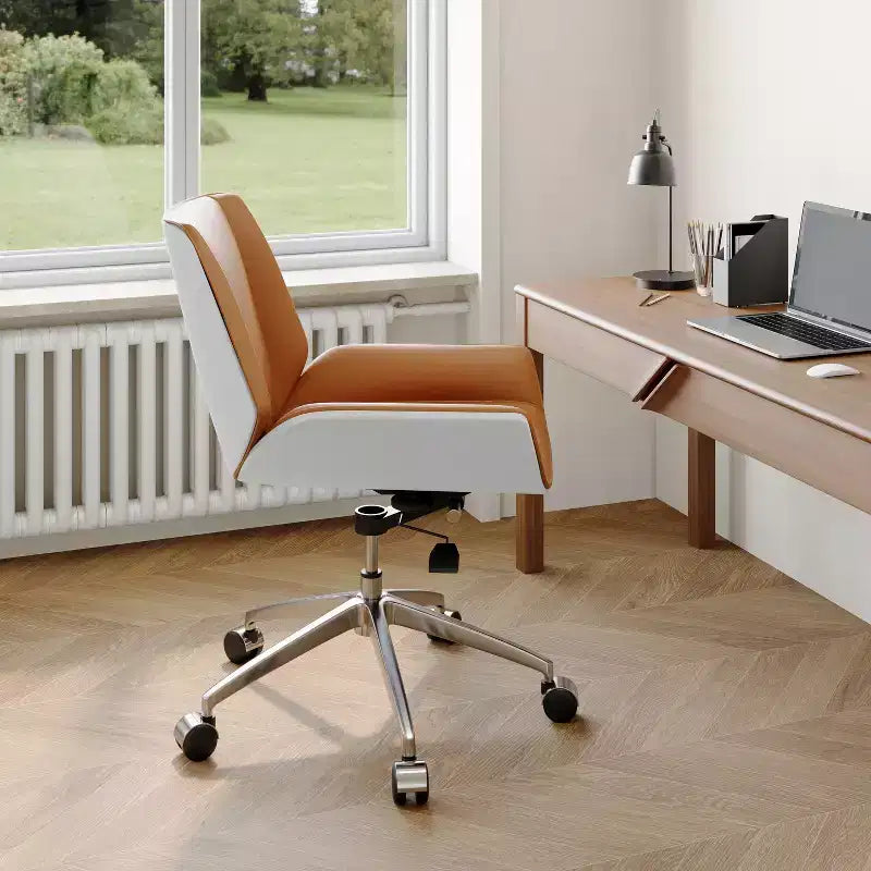 Tree City - Fauteuil de Bureau Pivotant Mid-Century Modern avec Dossier en Bois Courbé Noyer et Assise en Similicuir, Hauteur Réglable et Piètement à Roulettes
