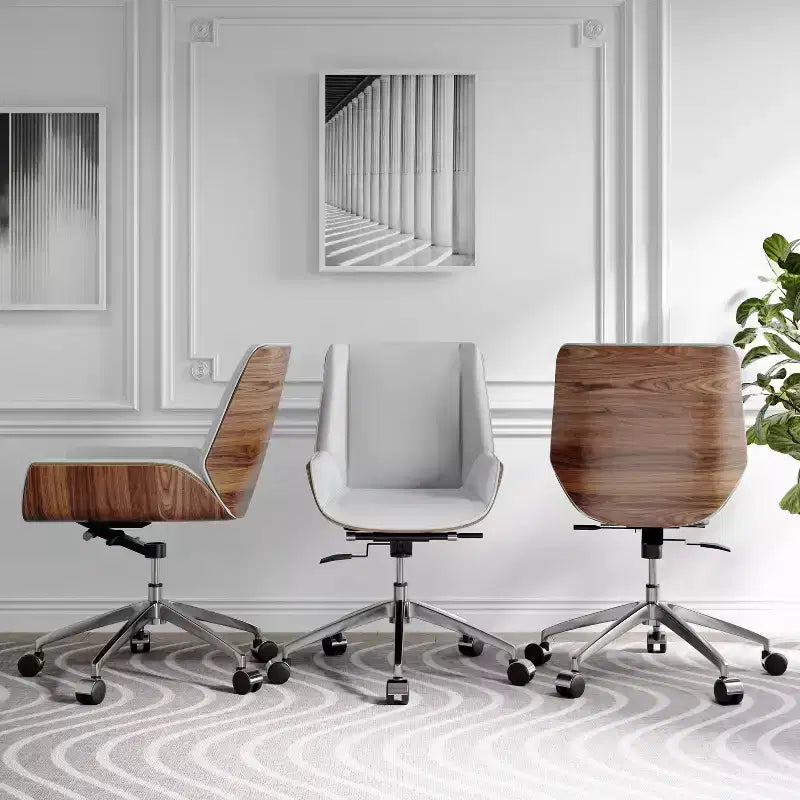 Tree City - Fauteuil de Bureau Pivotant Mid-Century Modern avec Dossier en Bois Courbé Noyer et Assise en Similicuir, Hauteur Réglable et Piètement à Roulettes