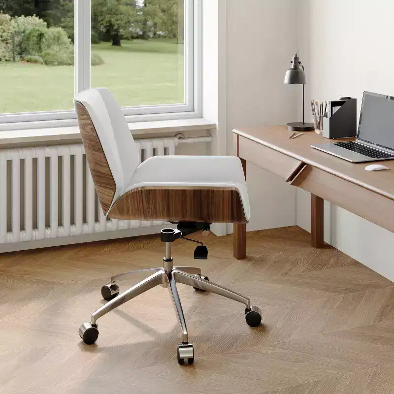 Tree City - Fauteuil de Bureau Pivotant Mid-Century Modern avec Dossier en Bois Courbé Noyer et Assise en Similicuir, Hauteur Réglable et Piètement à Roulettes