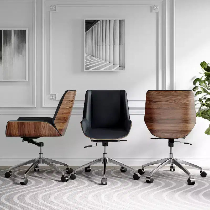 Tree City - Fauteuil de Bureau Pivotant Mid-Century Modern avec Dossier en Bois Courbé Noyer et Assise en Similicuir, Hauteur Réglable et Piètement à Roulettes