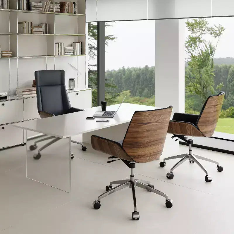 Tree City - Fauteuil de Bureau Pivotant Mid-Century Modern avec Dossier en Bois Courbé Noyer et Assise en Similicuir, Hauteur Réglable et Piètement à Roulettes