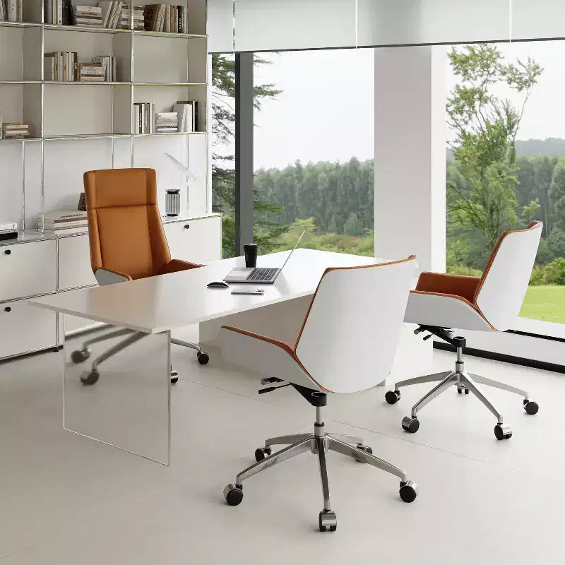 Tree City - Fauteuil de Bureau Pivotant Mid-Century Modern avec Dossier en Bois Courbé Noyer et Assise en Similicuir, Hauteur Réglable et Piètement à Roulettes