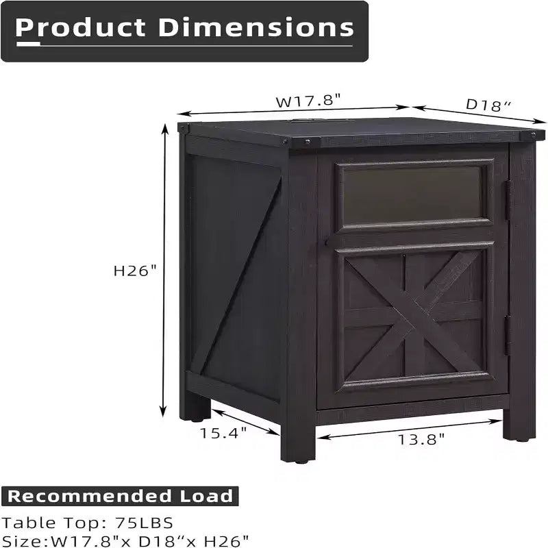 Table de chevet avec station de recharge, table de chevet de style rustique de 45 cm avec étagère réglable, table d'appoint en bois rustique