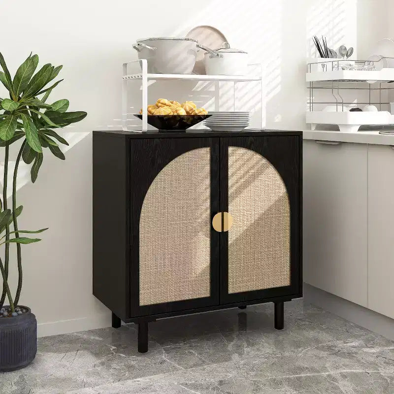 Élégant meuble de rangement en rotin, buffet à 2 portes avec pieds en bois de pin massif pour chambre, salon, bureau - ModernLuxe