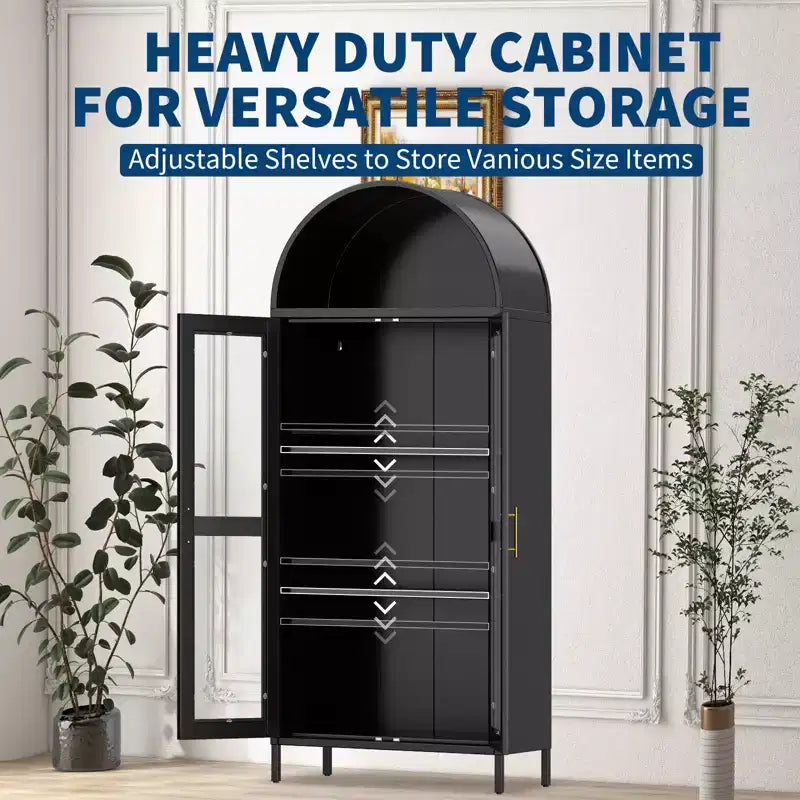 Armoire de rangement haute arquée de 73 po, Meuble de rangement polyvalent avec porte vitrée, 2 étagères réglables, Bibliothèque arquée de style ferme moderne