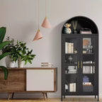 Armoire de rangement haute arquée de 73 po, Meuble de rangement polyvalent avec porte vitrée, 2 étagères réglables, Bibliothèque arquée de style ferme moderne