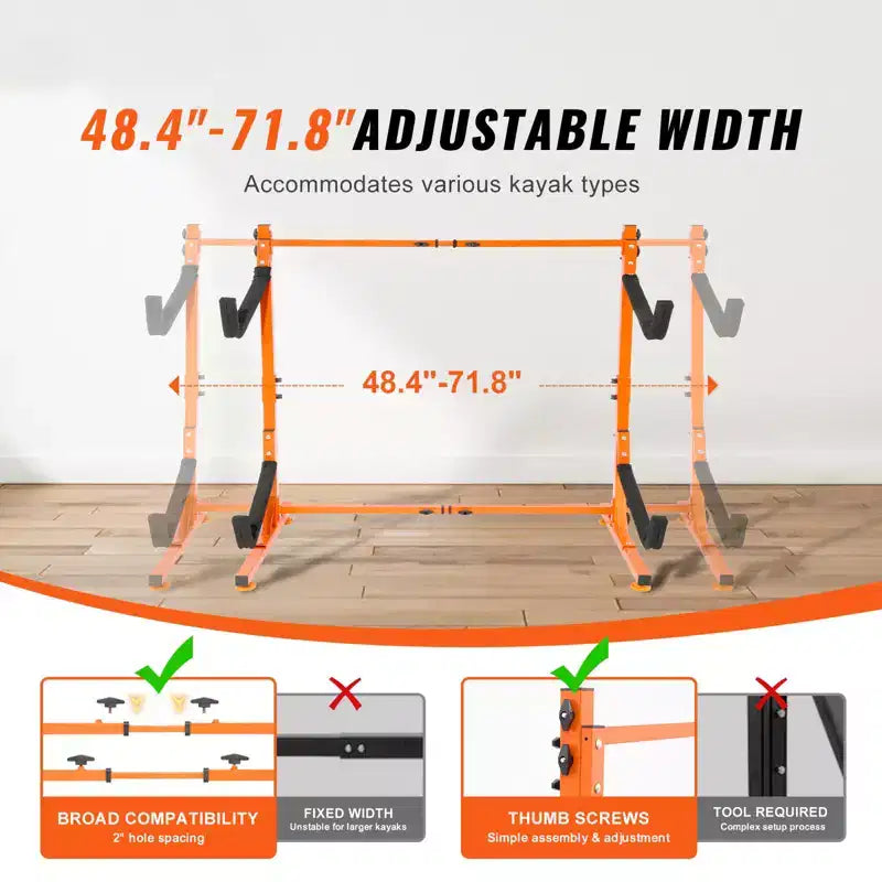 Support de rangement autoportant pour kayak VEVOR, support de kayak pour 2 kayaks, canoës et planches à pagaie avec bras rembourrés et largeur réglable, charge maximale de 79 kg
