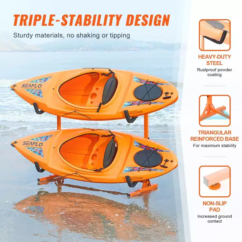 Support de rangement autoportant pour kayak VEVOR, support de kayak pour 2 kayaks, canoës et planches à pagaie avec bras rembourrés et largeur réglable, charge maximale de 79 kg