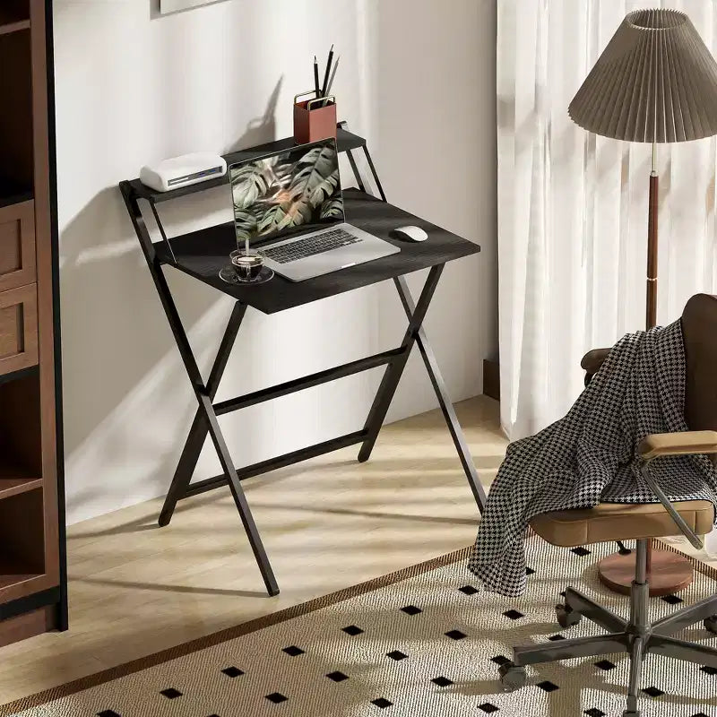 HOMCOM Petit Bureau Pliant, Bureau Informatique Pliable avec Étagère Moniteur, Table d'Écriture pour Petits Espaces, Bureau à Domicile, Étude, Assemblage Facile