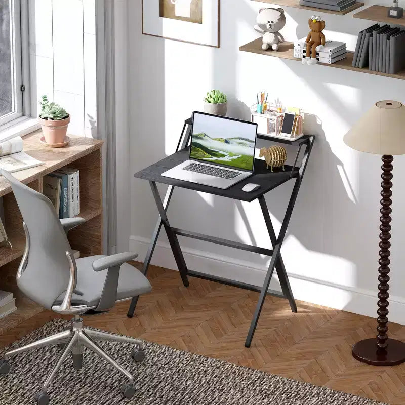 HOMCOM Petit Bureau Pliant, Bureau Informatique Pliable avec Étagère Moniteur, Table d'Écriture pour Petits Espaces, Bureau à Domicile, Étude, Assemblage Facile