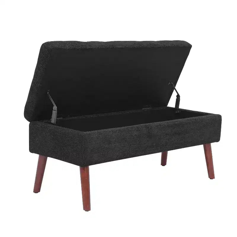Banc de rangement 43,3W pour chambre à coucher, banc de bout de lit, pouf d'entrée avec pieds en bois massif, revêtement en lin/cuir PU, capacité de 136 kg - ModernLuxe