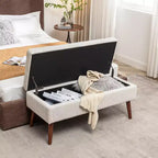 Banc de rangement 43,3W pour chambre à coucher, banc de bout de lit, pouf d'entrée avec pieds en bois massif, revêtement en lin/cuir PU, capacité de 136 kg - ModernLuxe