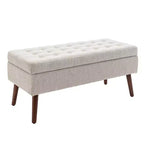 Banc de rangement 43,3W pour chambre à coucher, banc de bout de lit, pouf d'entrée avec pieds en bois massif, revêtement en lin/cuir PU, capacité de 136 kg - ModernLuxe